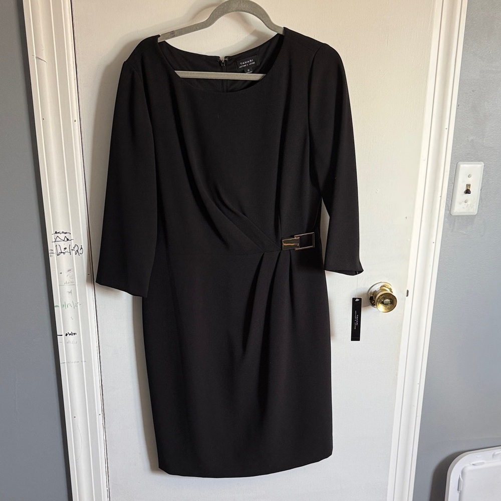 Tahari Black Long Sleeve Sheath Dress with Decorative Buckle